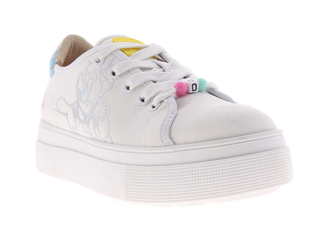Tenis casuales blancos para niño o niña con suela de plataforma y detalles en colores pastel.