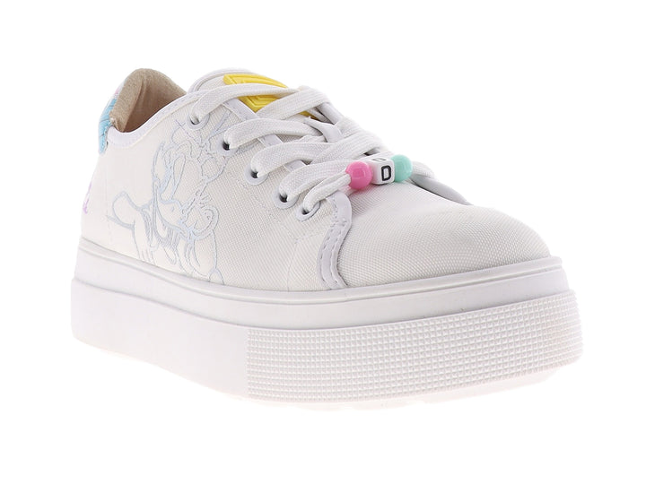 Tenis casuales blancos para niño o niña con suela de plataforma y detalles en colores pastel.