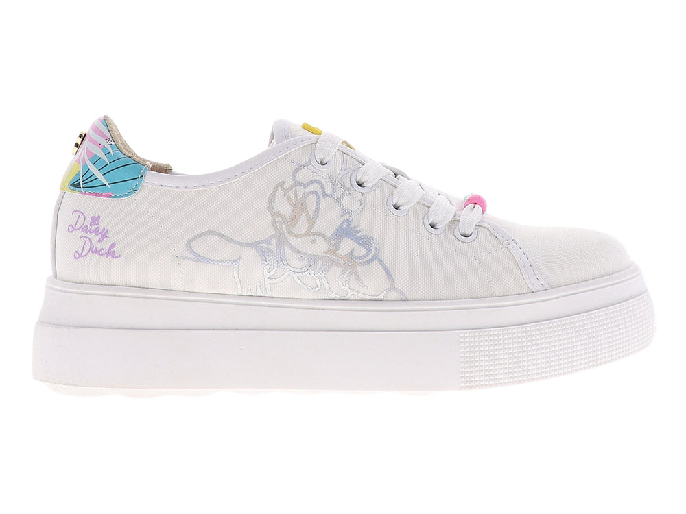 Tenis casuales blancos para niño o niña con suela de plataforma y detalles en colores pastel.