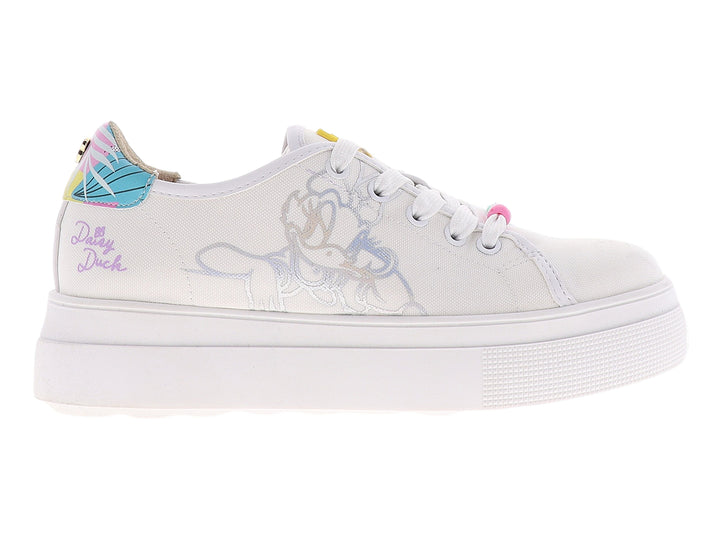 Tenis casuales blancos para niño o niña con suela de plataforma y detalles en colores pastel.