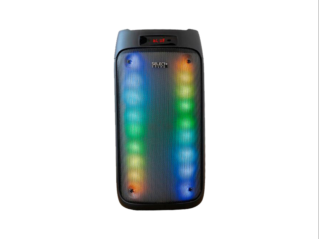 Bocina portátil Select Sound negra con rejilla frontal y luces LED multicolores integradas.