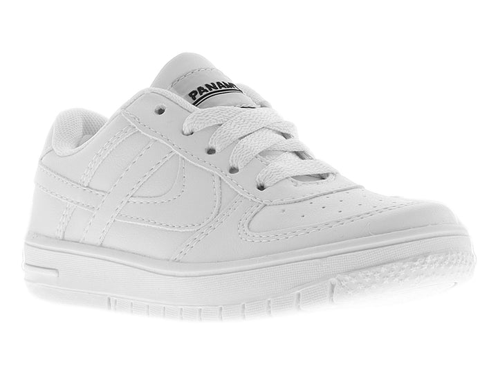 Tenis blancos escolares Panam para niños con agujetas y suela blanca.