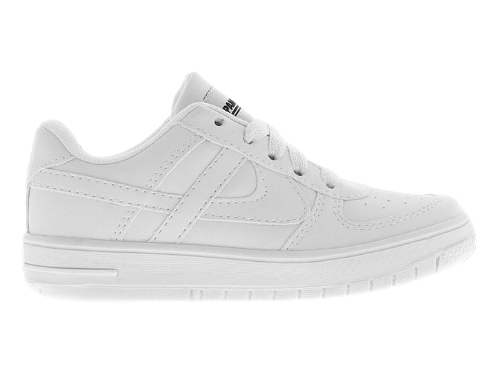 Tenis blancos escolares Panam para niños con agujetas y suela blanca.