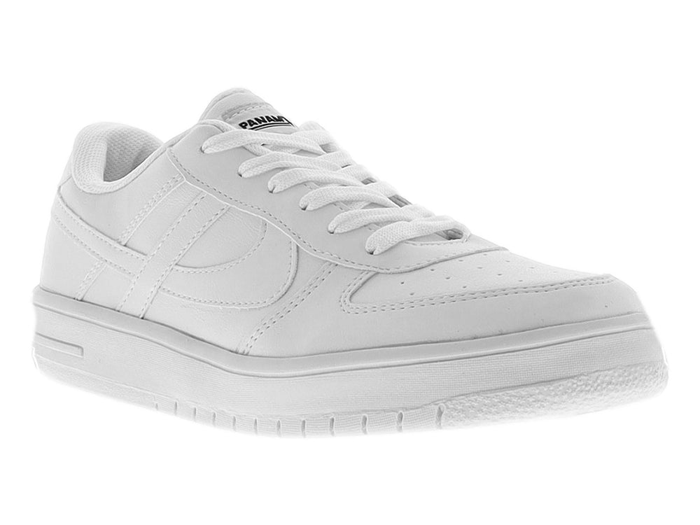 Tenis blancos de la marca Panam, estilo casual y deportivo con suela plana y cordones.