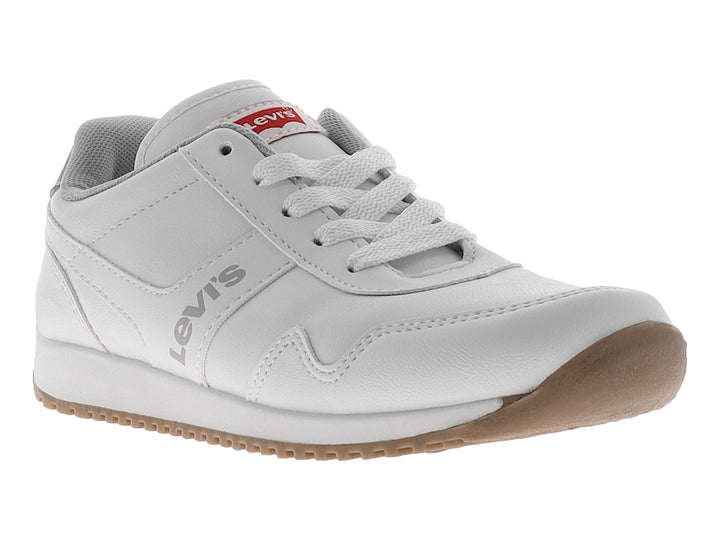 Tenis deportivos color blanco con suela gris y detalles de marca en el lateral y lengüeta.