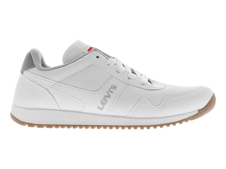 Tenis deportivos color blanco con suela gris y detalles de marca en el lateral y lengüeta.