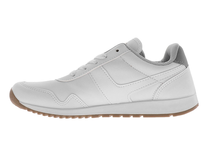 Tenis deportivos color blanco con suela gris y detalles de marca en el lateral y lengüeta.