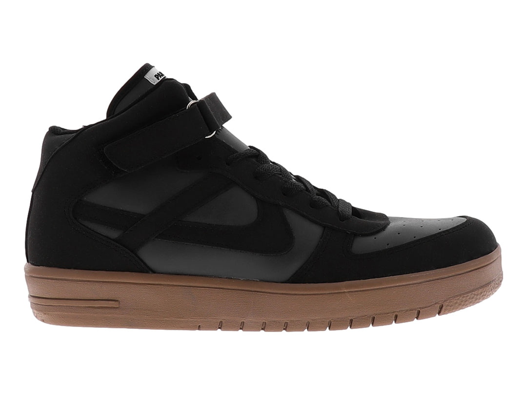 Tenis PANAM color negro con suela café, cordones y correa ajustable en el tobillo.