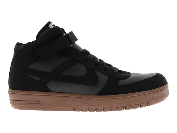 Tenis PANAM color negro con suela café, cordones y correa ajustable en el tobillo.