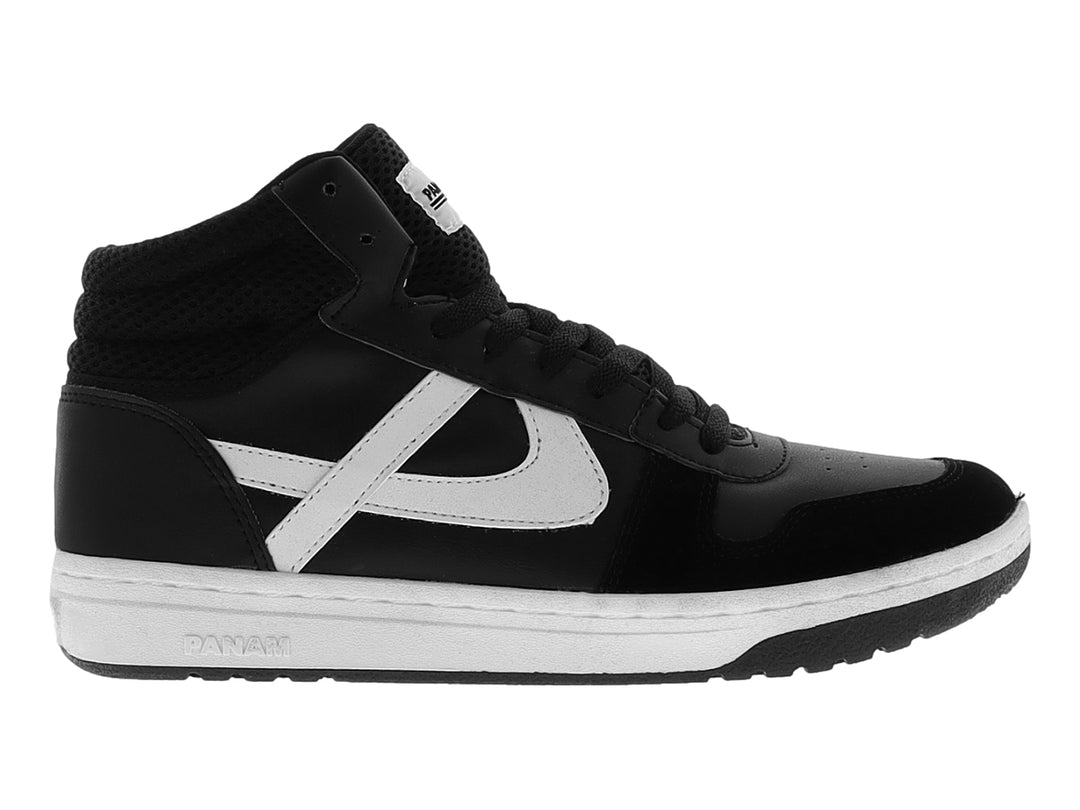 Tenis botín marca Panam en color negro con detalles y suela en blanco.