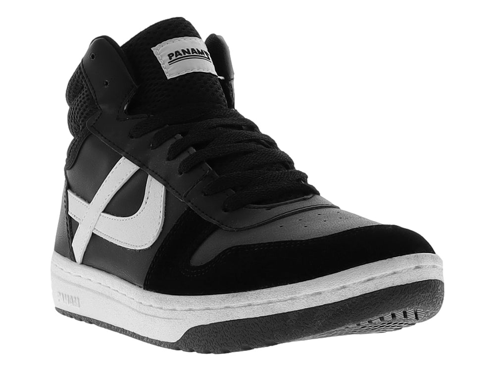 Tenis botín marca Panam en color negro con detalles y suela en blanco.