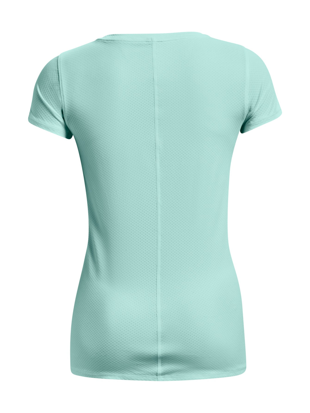 Mujer vistiendo una camiseta deportiva de manga corta color verde menta marca Under Armour.