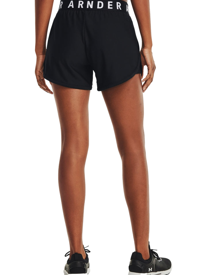 Shorts deportivos Under Armour color negro con banda elástica blanca en la cintura para mujer.