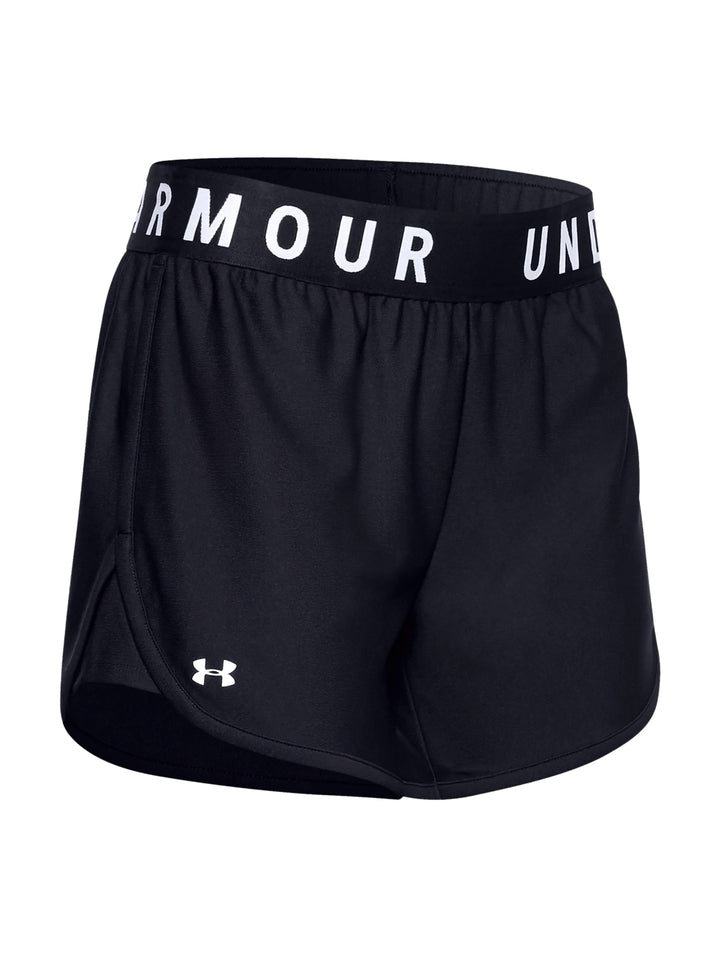 Shorts deportivos Under Armour color negro con banda elástica blanca en la cintura para mujer.