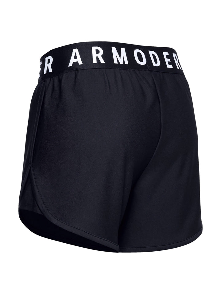 Shorts deportivos Under Armour color negro con banda elástica blanca en la cintura para mujer.