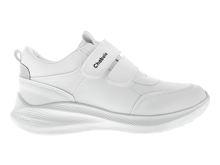 Tenis escolares blancos para niño con cierre de velcro.