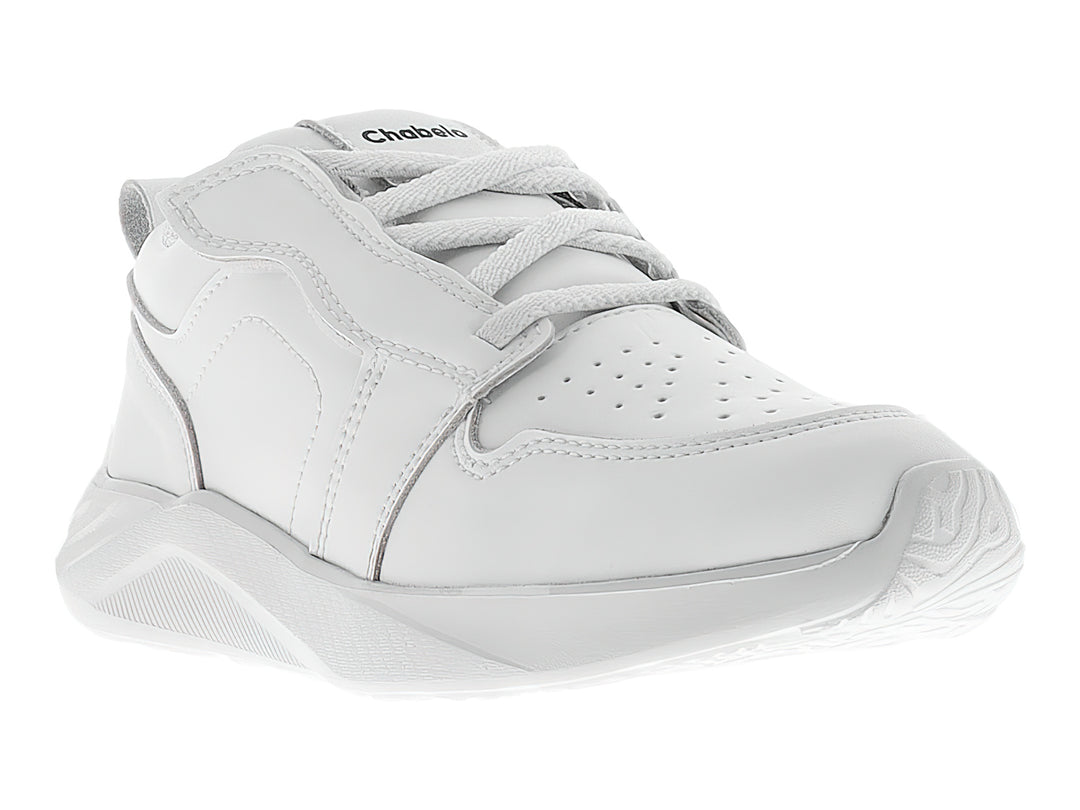 Tenis escolares color blanco para niño o niña con agujetas y suela blanca.