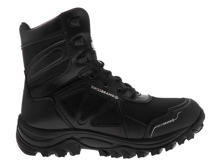 Bota alta color negro de la marca Swissbrand con suela rugosa y materiales sintéticos.