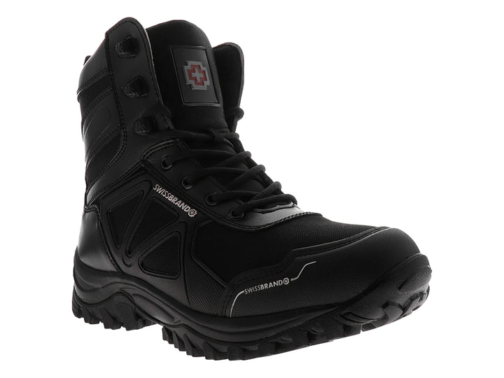 Bota alta color negro de la marca Swissbrand con suela rugosa y materiales sintéticos.
