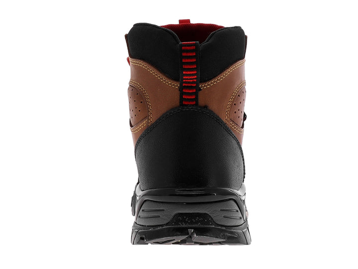 Bota de senderismo Swissbrand color miel y negro con suela resistente y detalles en rojo.