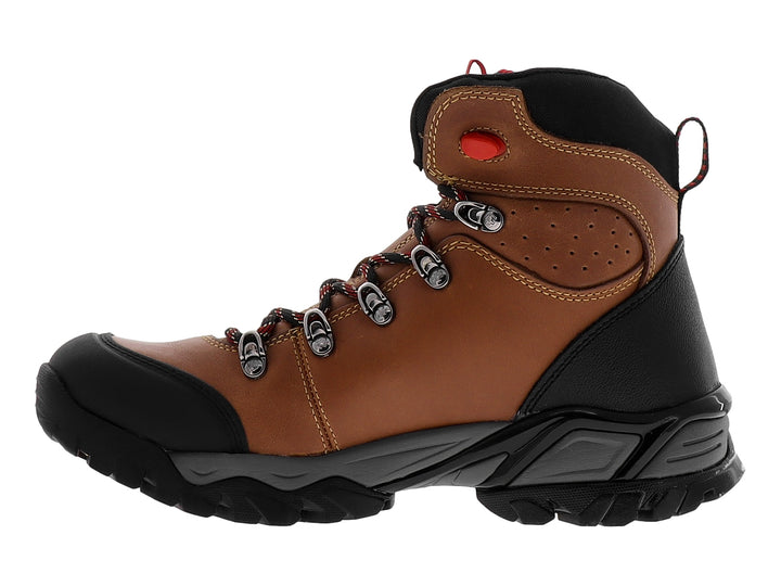 Bota de senderismo Swissbrand color miel y negro con suela resistente y detalles en rojo.