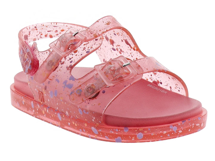 Sandalia rosa transparente para niña con detalles de colores tipo confeti y hebillas.