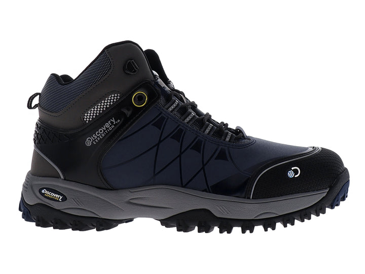 Bota deportiva Discovery color marino con detalles en gris y negro, diseñada para actividades al aire libre.