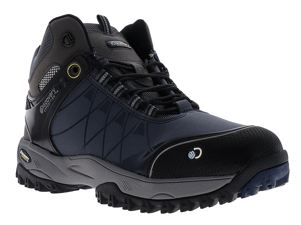 Bota deportiva Discovery color marino con detalles en gris y negro, diseñada para actividades al aire libre.