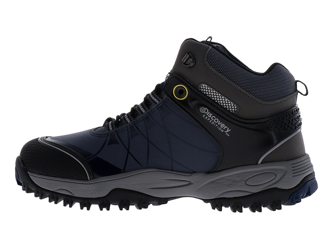 Bota deportiva Discovery color marino con detalles en gris y negro, diseñada para actividades al aire libre.
