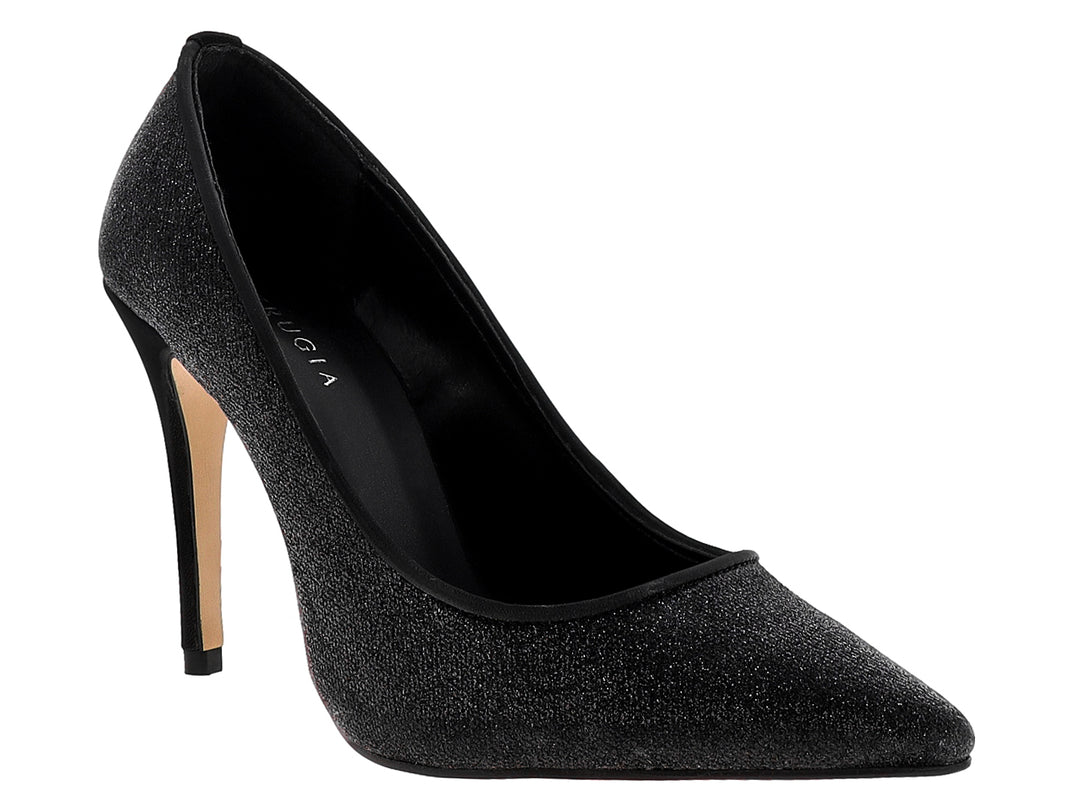 Zapato de tacón alto color negro con acabado brillante tipo glitter y punta puntiaguda.