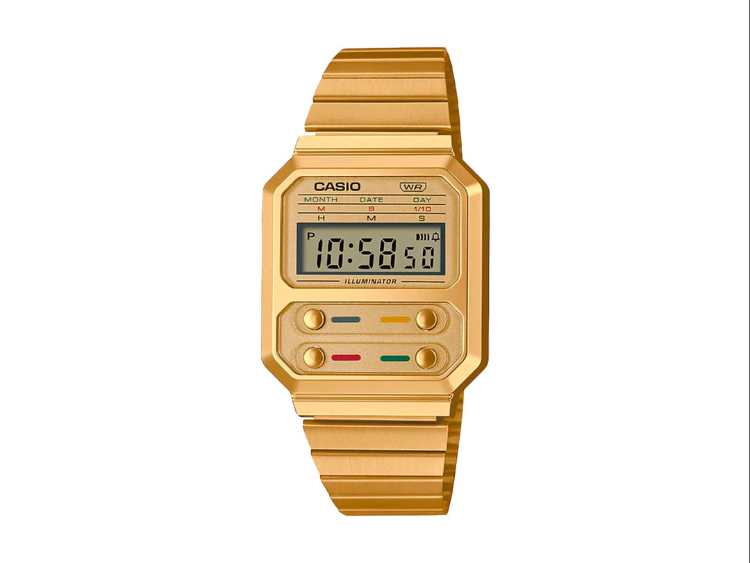 Reloj digital Casio de color dorado con correa y caja metálicas, pantalla digital y detalles en colores.