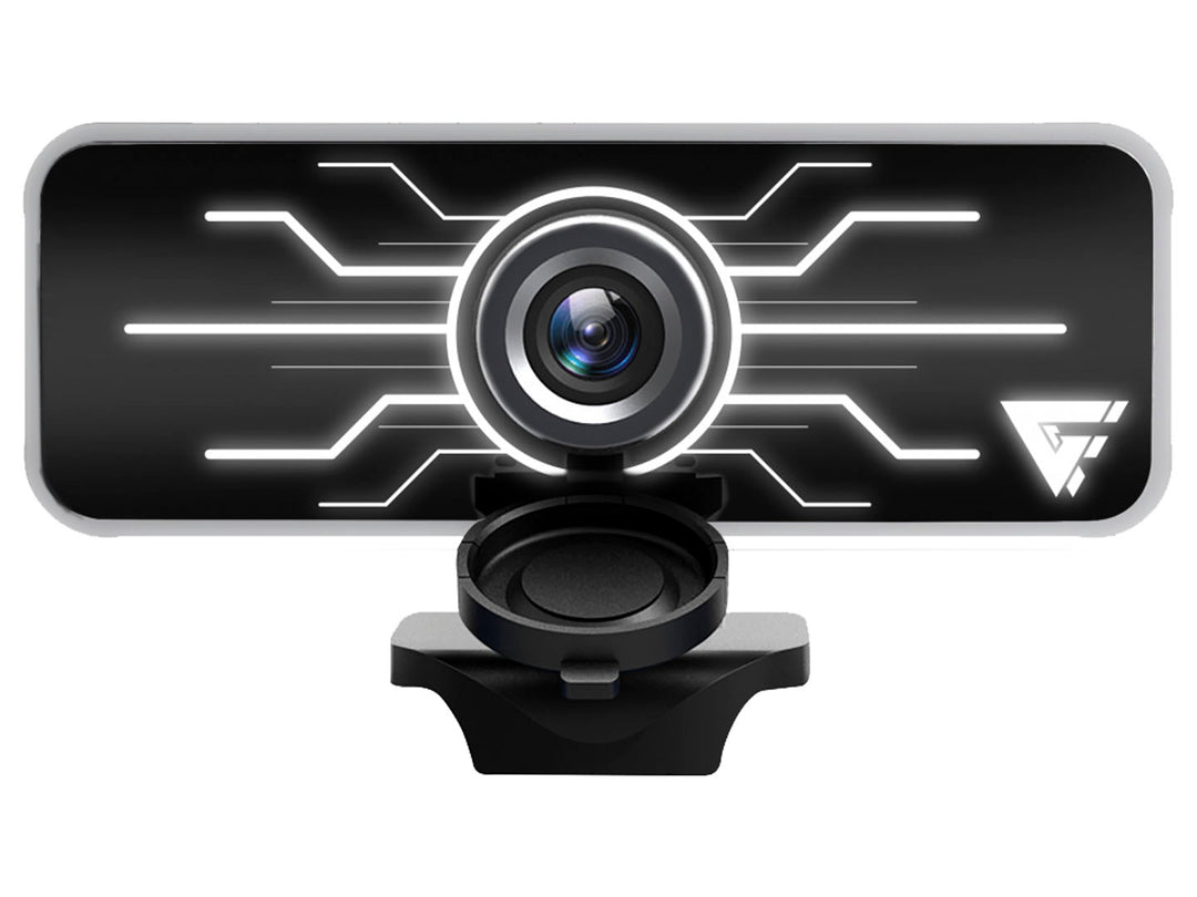 Cámara web Game Factor WG400 de color negro con detalles lineales blancos y soporte ajustable.