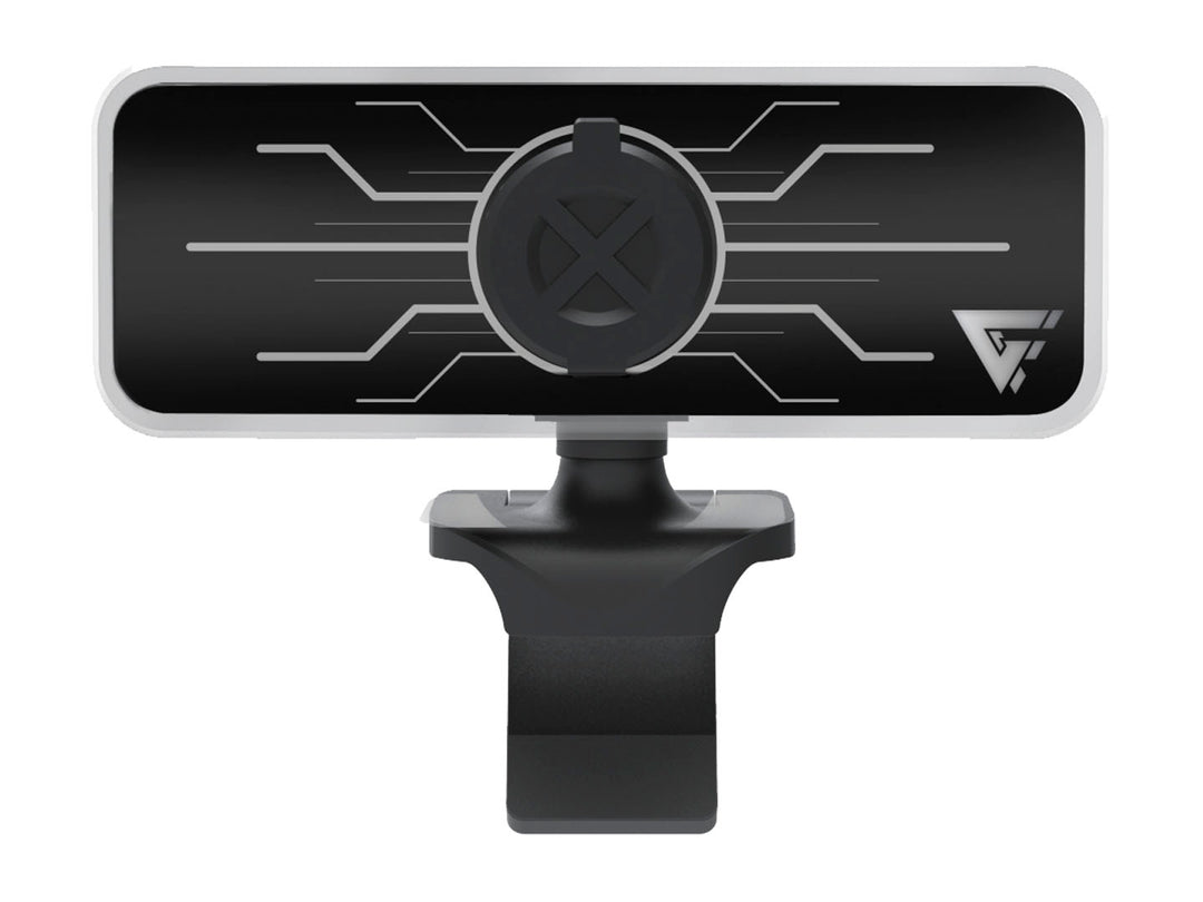 Cámara web Game Factor WG400 de color negro con detalles lineales blancos y soporte ajustable.