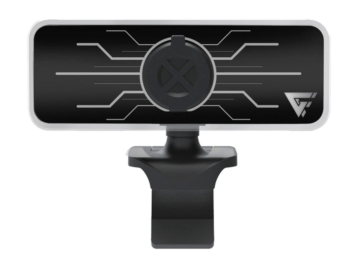 Cámara web Game Factor WG400 de color negro con detalles lineales blancos y soporte ajustable.