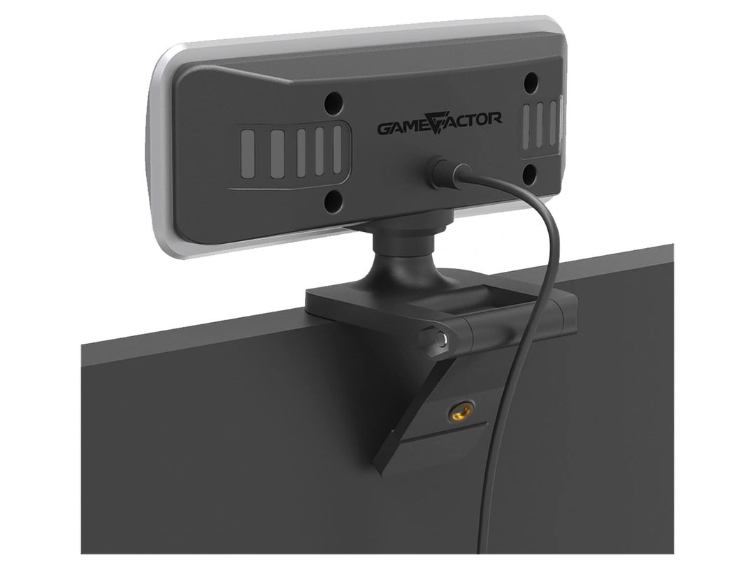 Cámara web Game Factor WG400 de color negro con detalles lineales blancos y soporte ajustable.