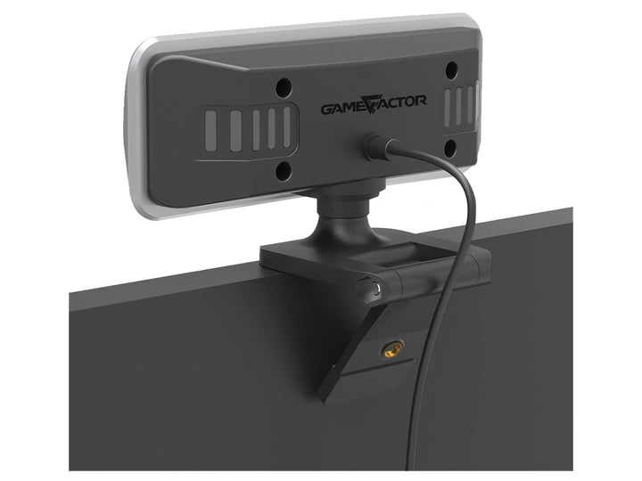Cámara web Game Factor WG400 de color negro con detalles lineales blancos y soporte ajustable.