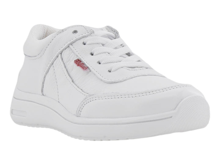 Zapato escolar blanco estilo deportivo para niño o niña con agujetas blancas.