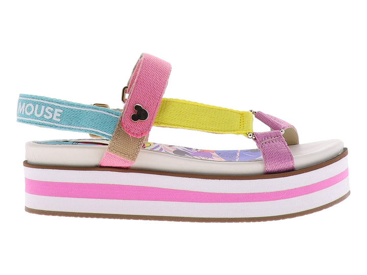 Sandalia de plataforma multicolor para niña con correas en rosa, amarillo y azul y suela blanca y rosa.