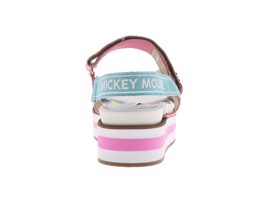 Sandalia de plataforma multicolor para niña con correas en rosa, amarillo y azul y suela blanca y rosa.