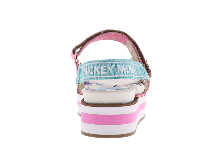 Sandalia de plataforma multicolor para niña con correas en rosa, amarillo y azul y suela blanca y rosa.