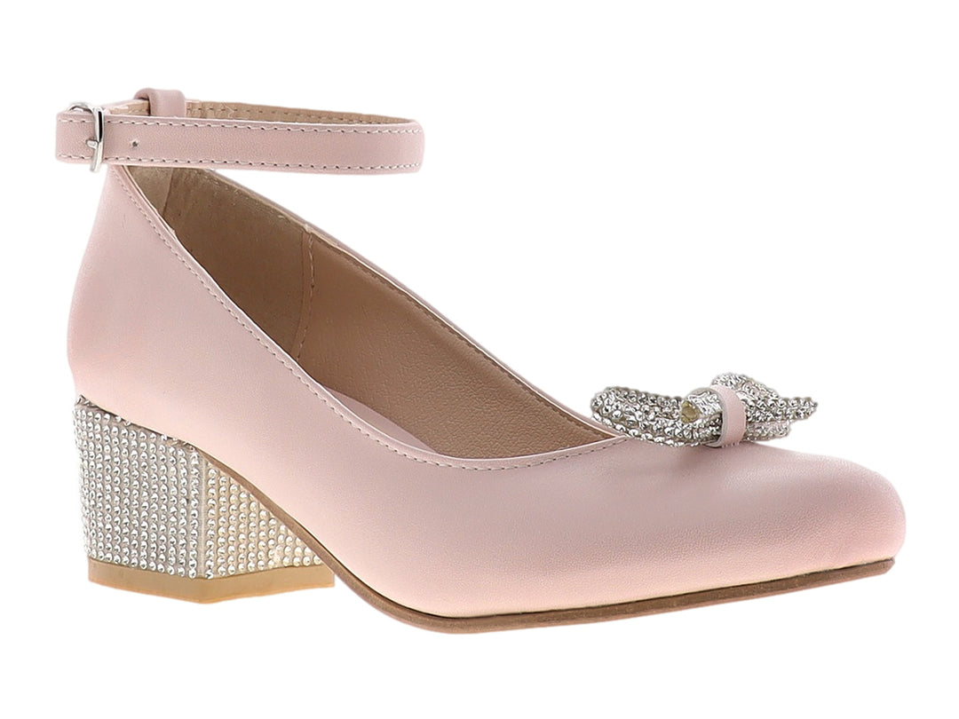 Zapato rosa con tacón cuadrado brillante y moño decorativo en la punta.