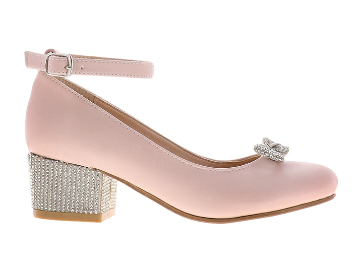 Zapato rosa con tacón cuadrado brillante y moño decorativo en la punta.