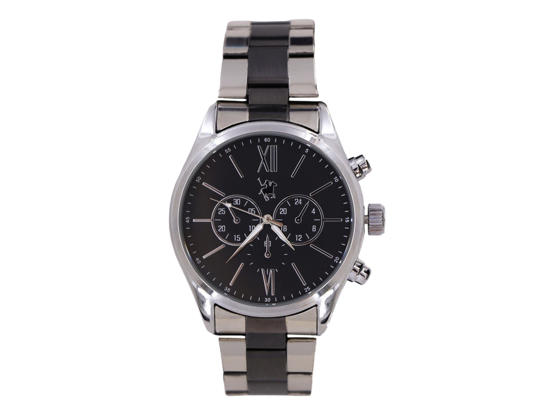 Reloj de pulsera Polo Club con esfera negra y correa de metal en colores plata y negro.