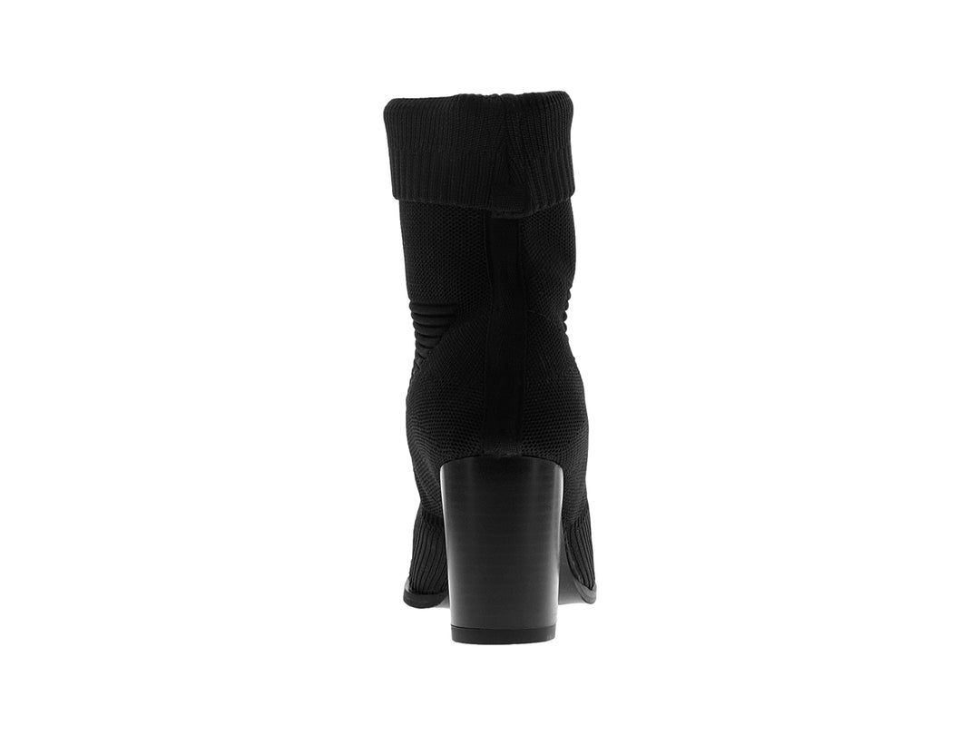 Botín negro de tejido tipo calcetín con tacón cuadrado y punta afilada para mujer.