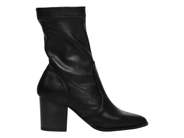Botín negro de vestir para mujer con tacón cuadrado y caña flexible en material sintético liso.