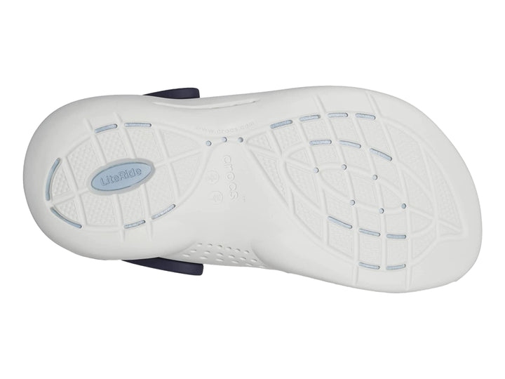 Zuecos Crocs LiteRide 360 en color azul marino y gris azulado con diseño perforado y correa posterior.