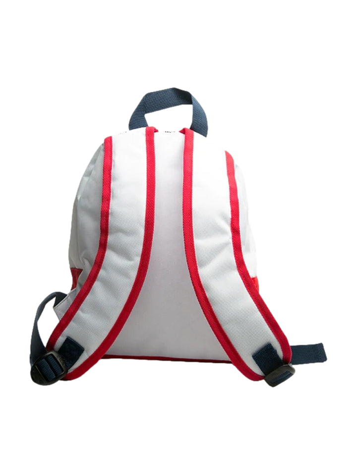 Mochila escolar FILA de color blanco con detalles en rojo y azul, incluye bolsillo frontal con cierre.