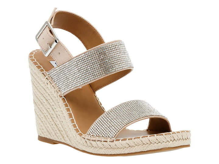 Sandalia de plataforma cuña Steve Madden en color plata con brillantes y base de esparto beige.