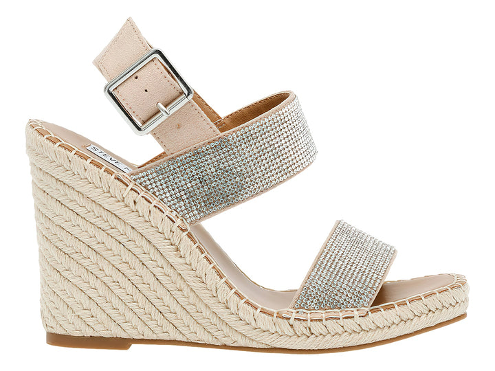 Sandalia de plataforma cuña Steve Madden en color plata con brillantes y base de esparto beige.