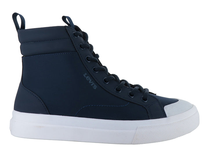 Tenis tipo bota de color azul marino con suela blanca y agujetas del mismo color.
